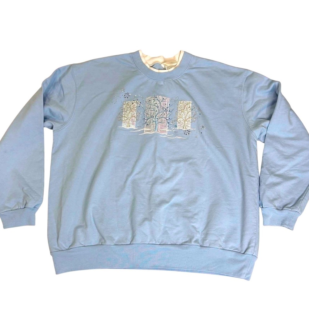 Decorated Originals Light Blue Embroidered Winter Tree Rhinestone Sweatshirt XL